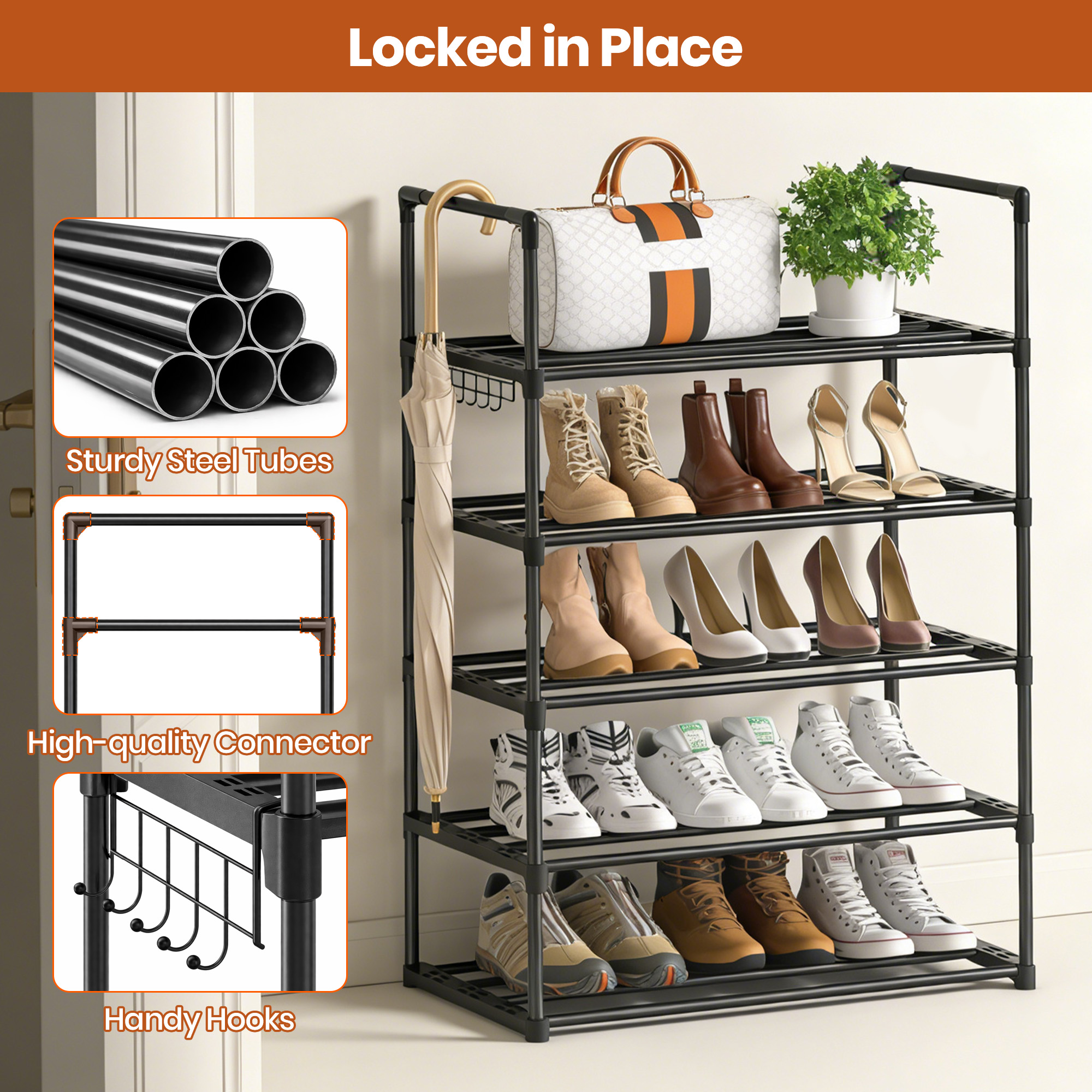 HadinEEon 5-Tier Shoe Rack with Hook, Black Metal photo 4