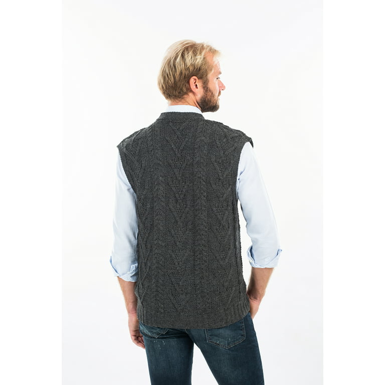 SAOL Men's 100% Merino Wool Sweater Vest Aran Irish V-Neck Cable