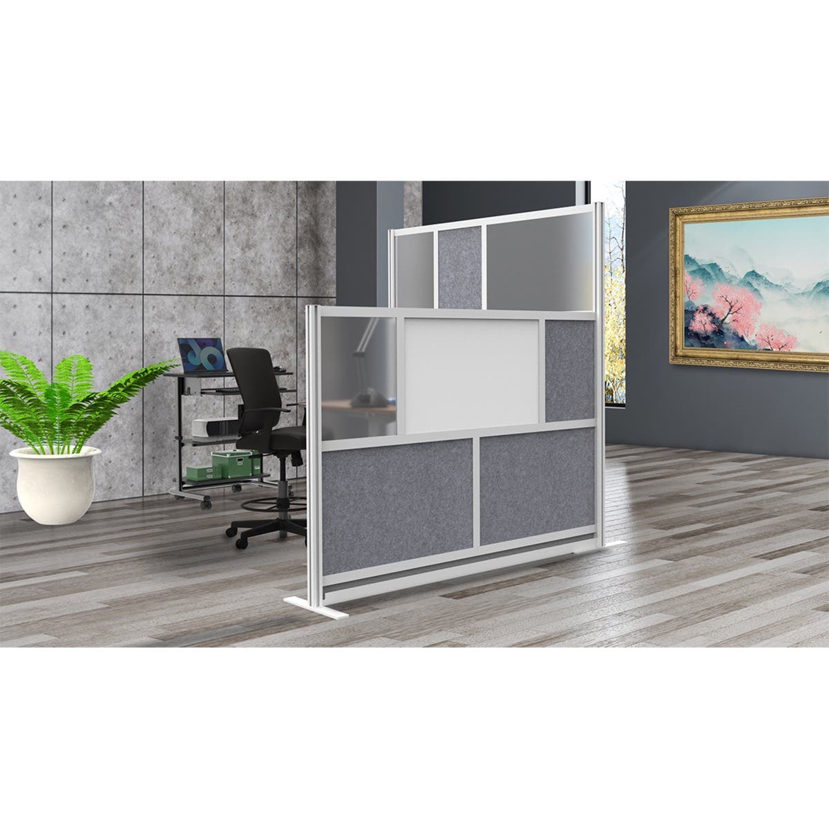 Luxor Workflow Modular Wall Room Divider System - Silver Frame - 53" x 48" Add-On Wall with Whiteboard, Freestanding