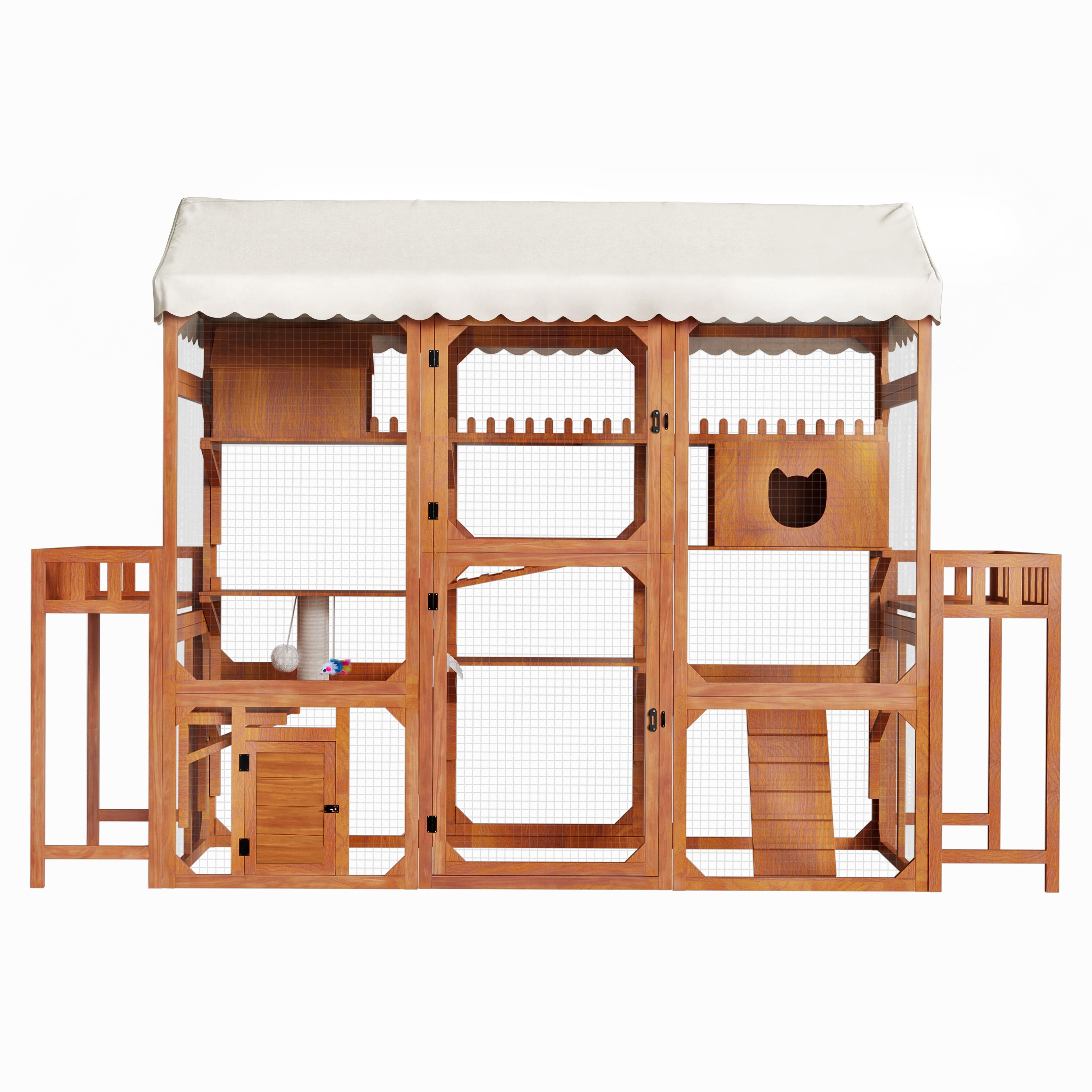DRNANLIT Large Outdoor Wooden Cat Enclosure Catio with 2 Plant Stands, Multi-Level Playpen with Weather-Resistant Roof, Resting Box & Climbing Ramps, Brown