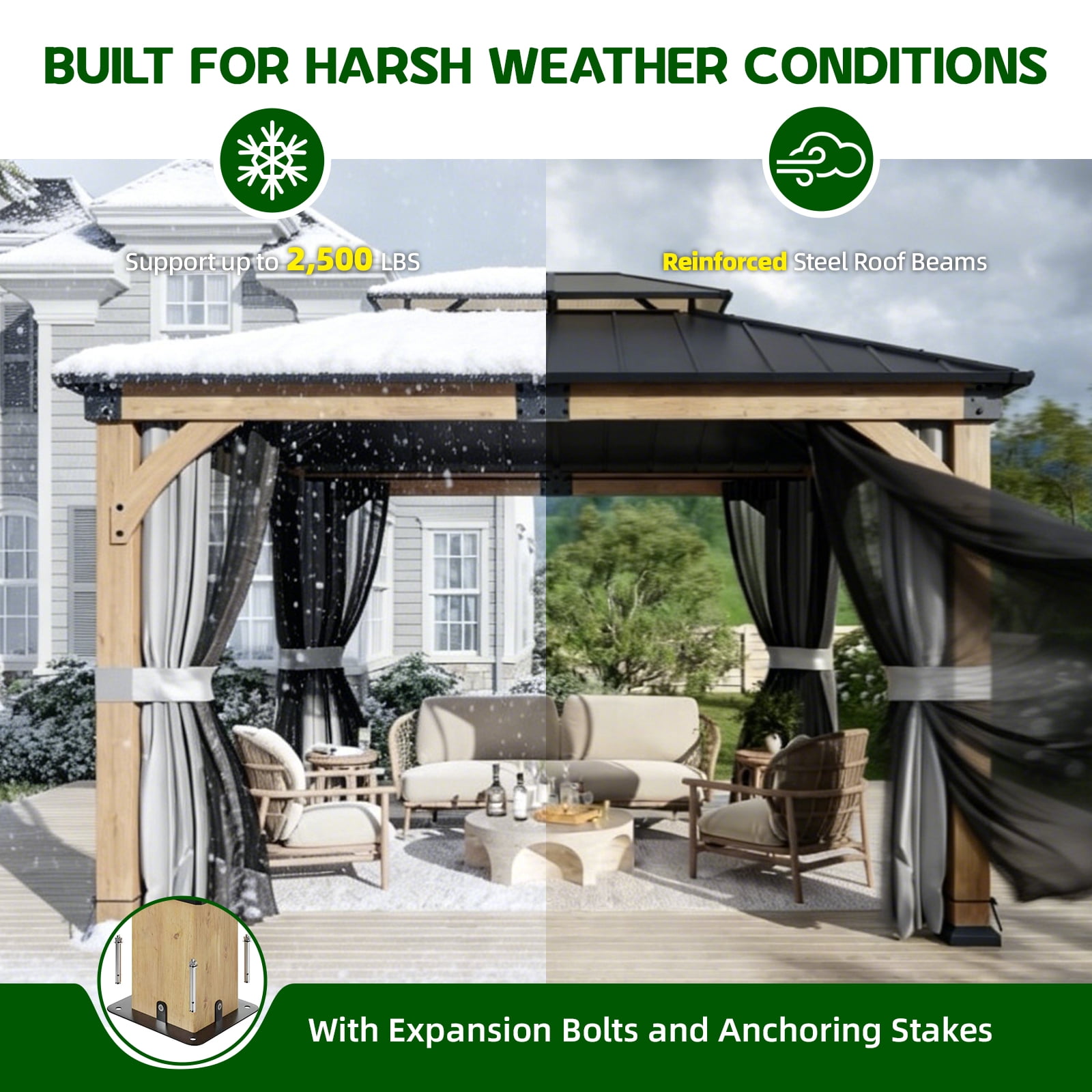 10x12 ft Cedar Wood Gazebo with Mosquito Netting & Hardtop Steel Roof
