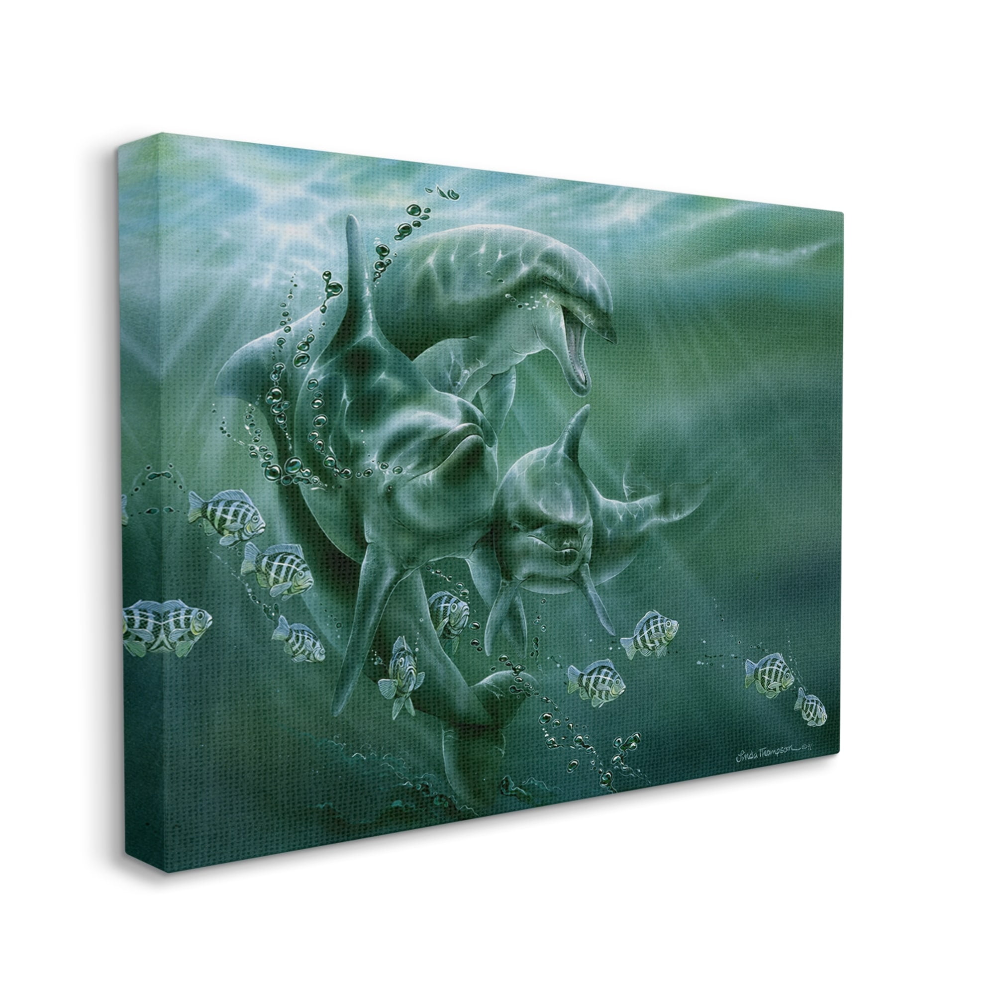 Stupell Industries Underwater Dolphins and Fish Coastal Painting Gallery Wrapped Canvas Print Wall Art