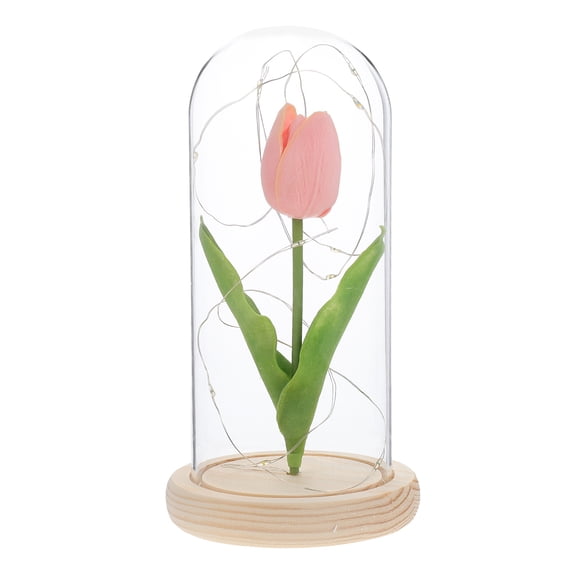 LED Light Tulip Decor Glass Dome Sunglass Display Case Pink Tulips with Lights Miss