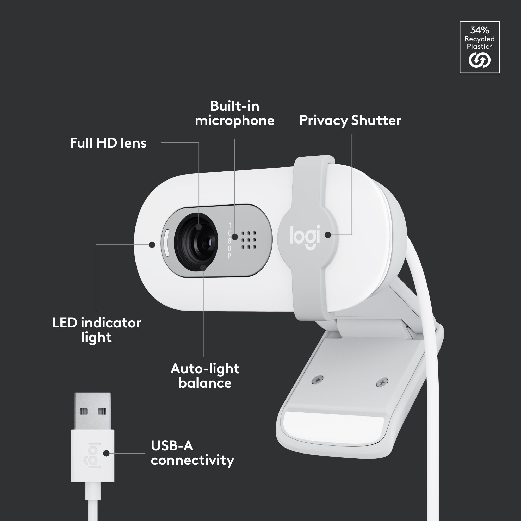Logitech Brio 100 Full HD Webcam for Meetings and Streaming, Auto-Light Balance, Built-In Mic, Privacy Shutter, Off-white