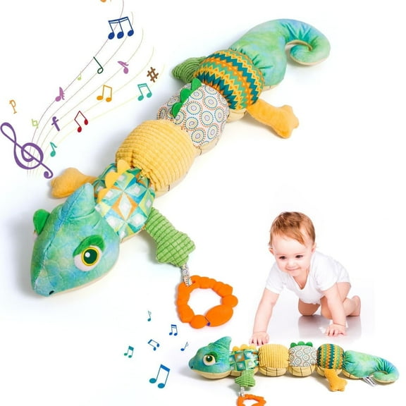 Ludolm Baby Musical Soft Stuffed Animal Toys with Crinkle, Infant Sensory Rattle and Multi-Textures, Tummy Time Newborn Developmental Toys for Babies,Green Chameleon 21.5 Inchs