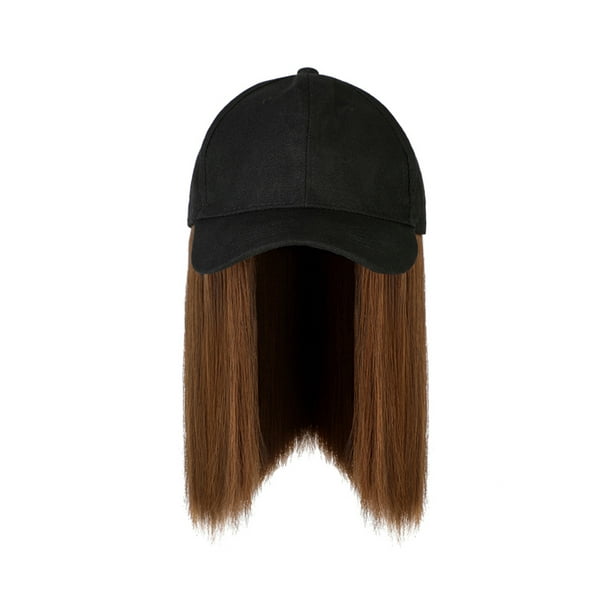 Chollius Women Wig Black Cap Solid Color Baseball Cap Fake Straight Hair -  