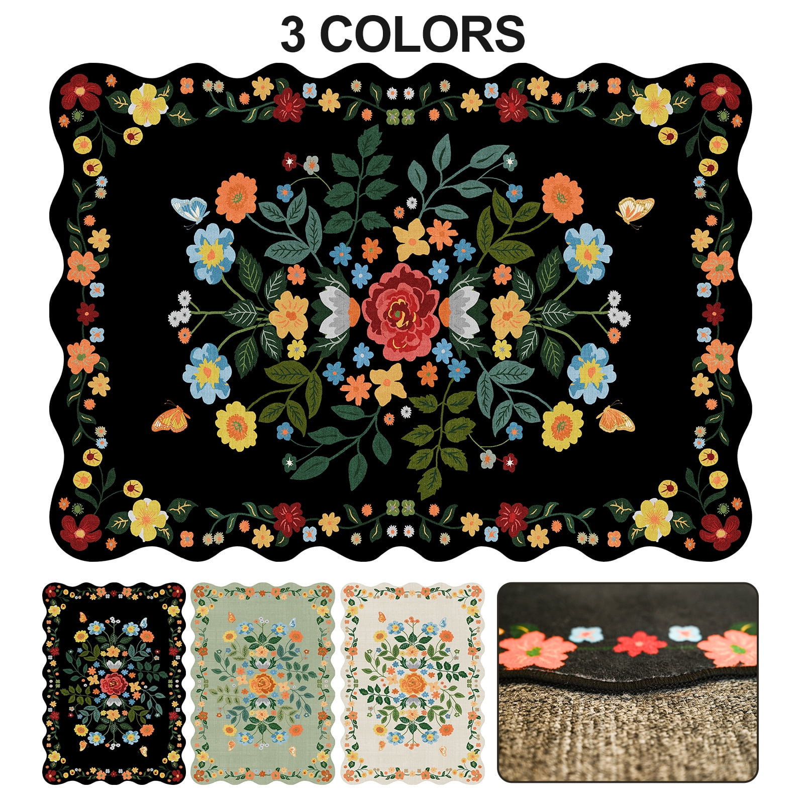 Pentantan Floral Area Rugs 6'x9', Machine Washable Rug for Living Room Non-Slip Vintage Soft Indoor Carpet for Bedroom, Dining Room, Playroom, Office, Black