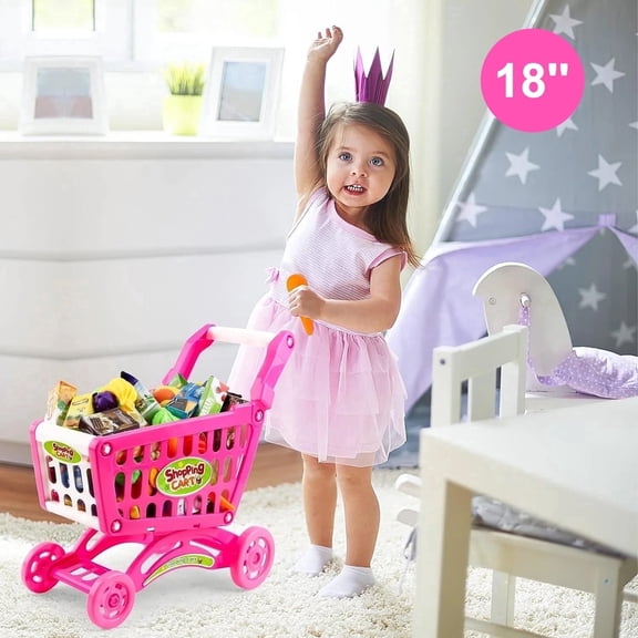 PayUSD Toy Shopping Cart Toddler Shopping Cart 18'' Pretend Grocery Cart with Pretend Play Food Items Realistic Kitchen Accessories Supermarket Pretend Play Shopping Cart For Kids Ages 18M Doll Size