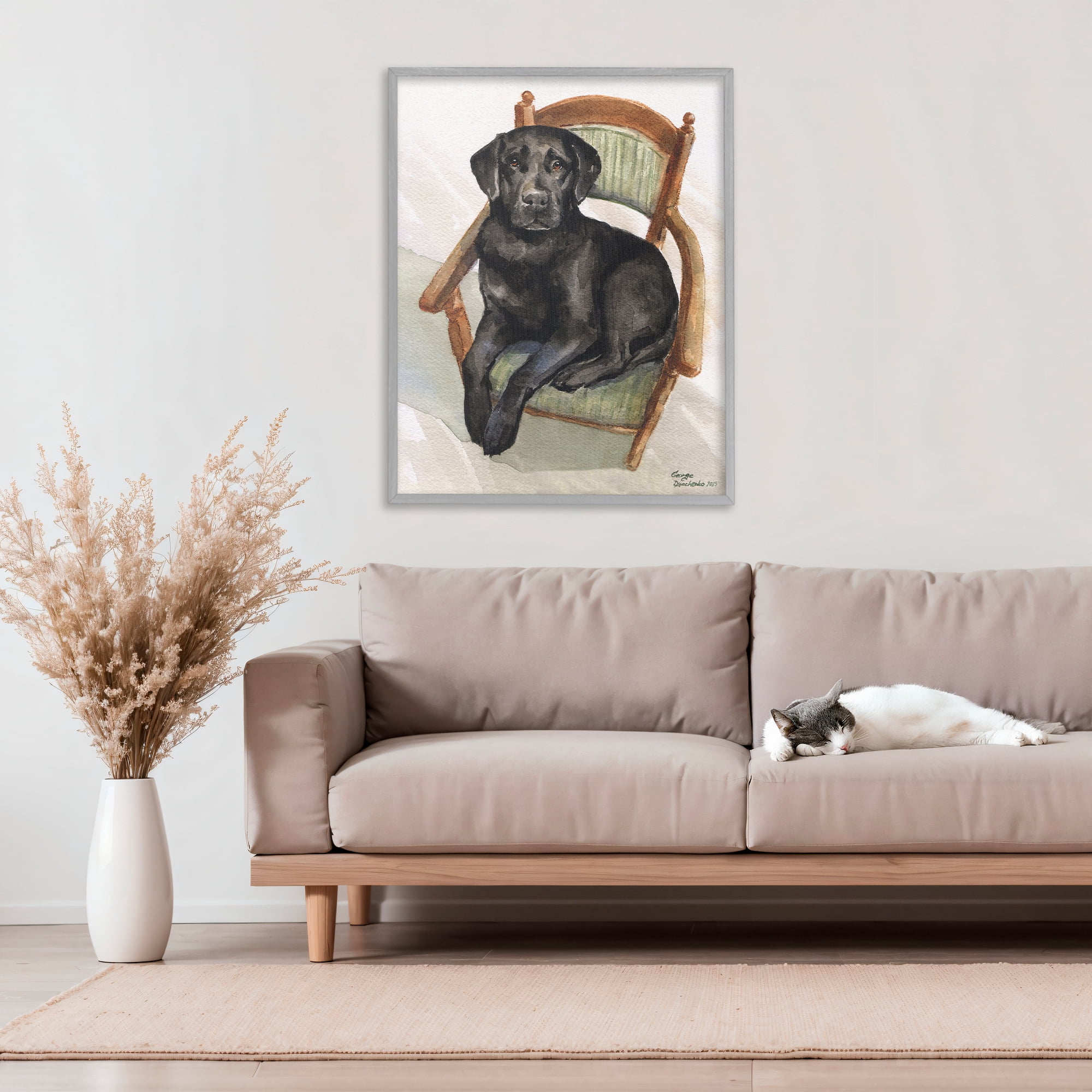Stupell Industries Black Labrador On Chair Gray Framed Giclee Art, design by George Dyachenko