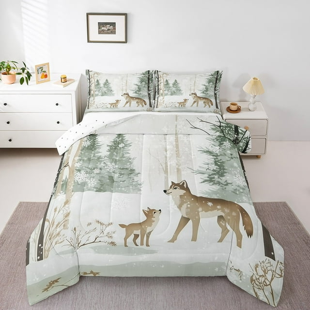 Erosebridal Ensembles de Couette Loup Dessin Animé Format Double, Couettes et Duvets Branches d'Arbres de Jungle, Réversible 3 Pcs