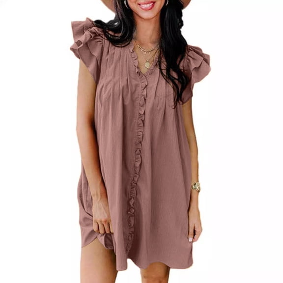 Vhkiploz Summer Dresses for Women Ruffle Short Sleeve V-Neck Flowy Sundress Casual Business Work Vocation Peplum Mini Dress