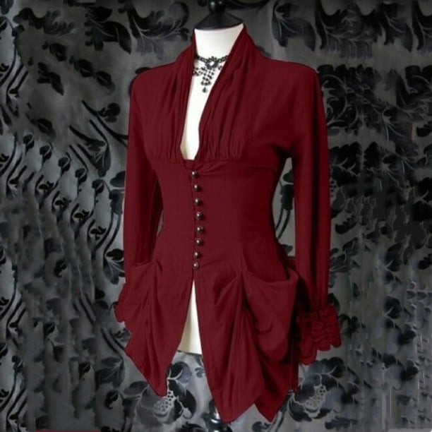 Puntoco Mujer Manga Larga Retro Encaje Trim Botón Hasta Vintage Irregular Tailcoat Outwear Puntoco Puntoco-1