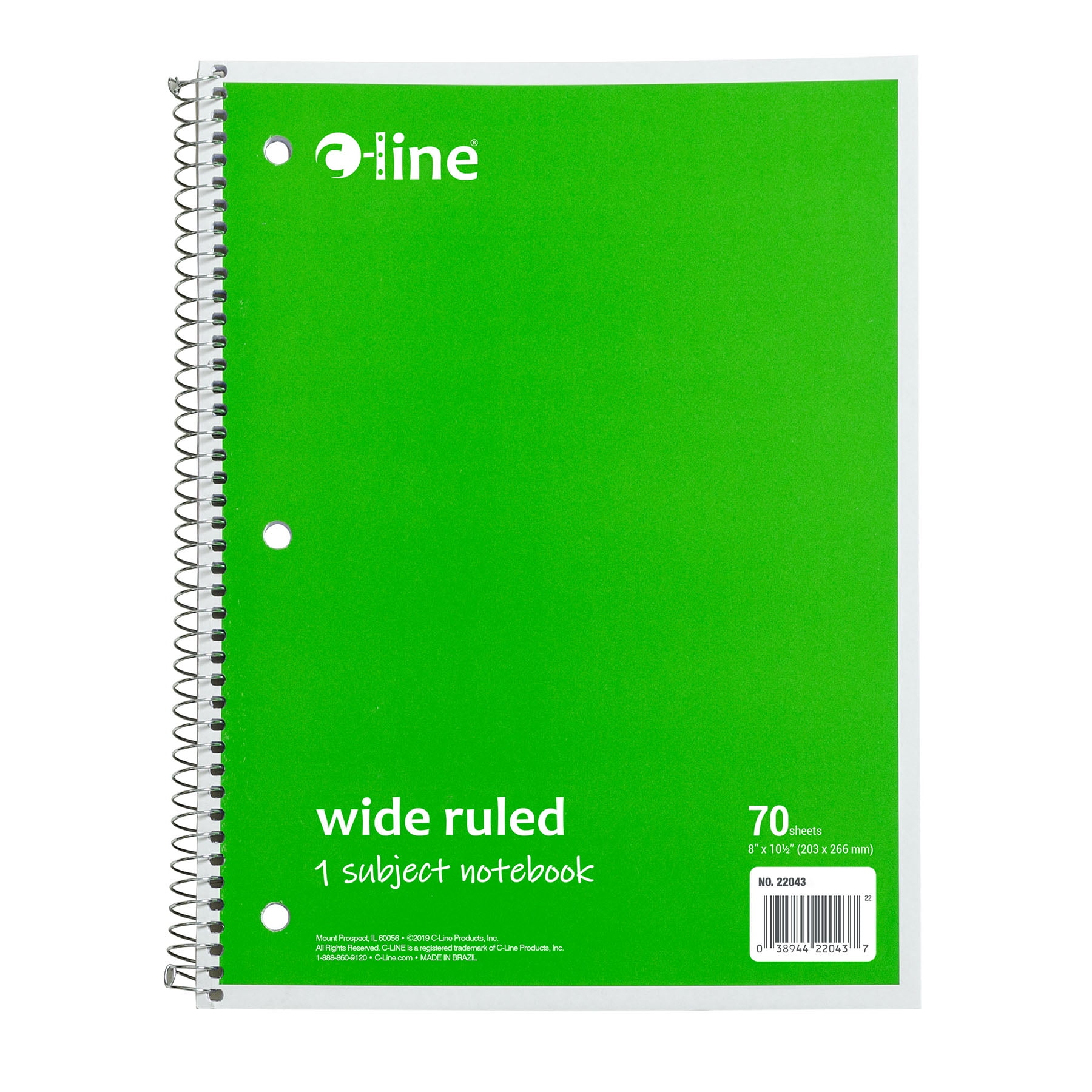 C-Line 1-Subject Notebook, 70 Page, Wide Ruled, Green, Pack of 12