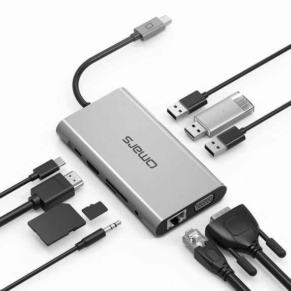 Omars USB C Hub 10 in 1 Type C Adapter Docking Station 100W PD 4K HDMI VGA Ethernet, 3 USB Ports, SD/TF Slot Aux Jack