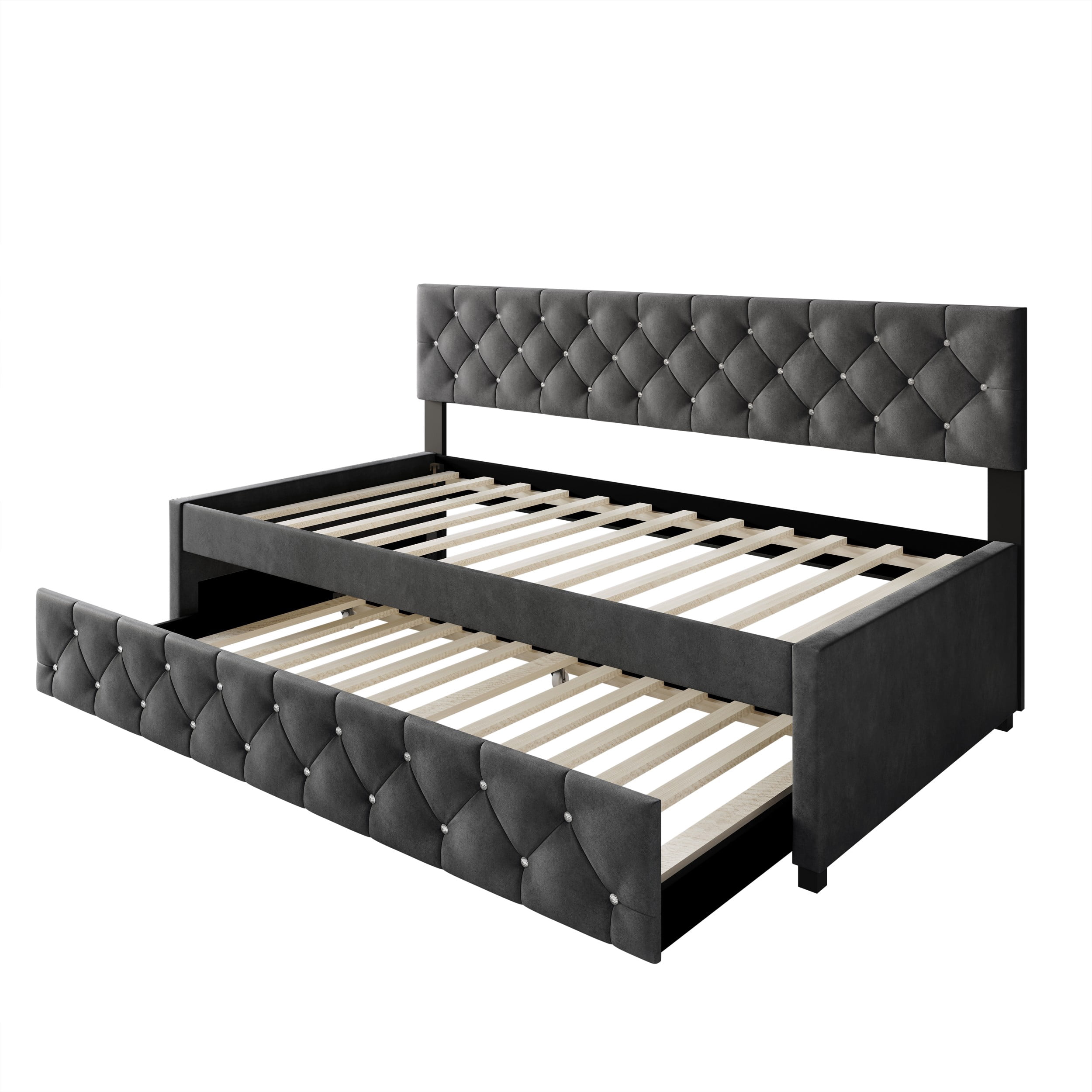 Home Design Darcey Luxurious Velvet Upholstered Daybed with Pull-Out Trundle, Diamond Button Tufted, Dark Gray, Easy Assembly