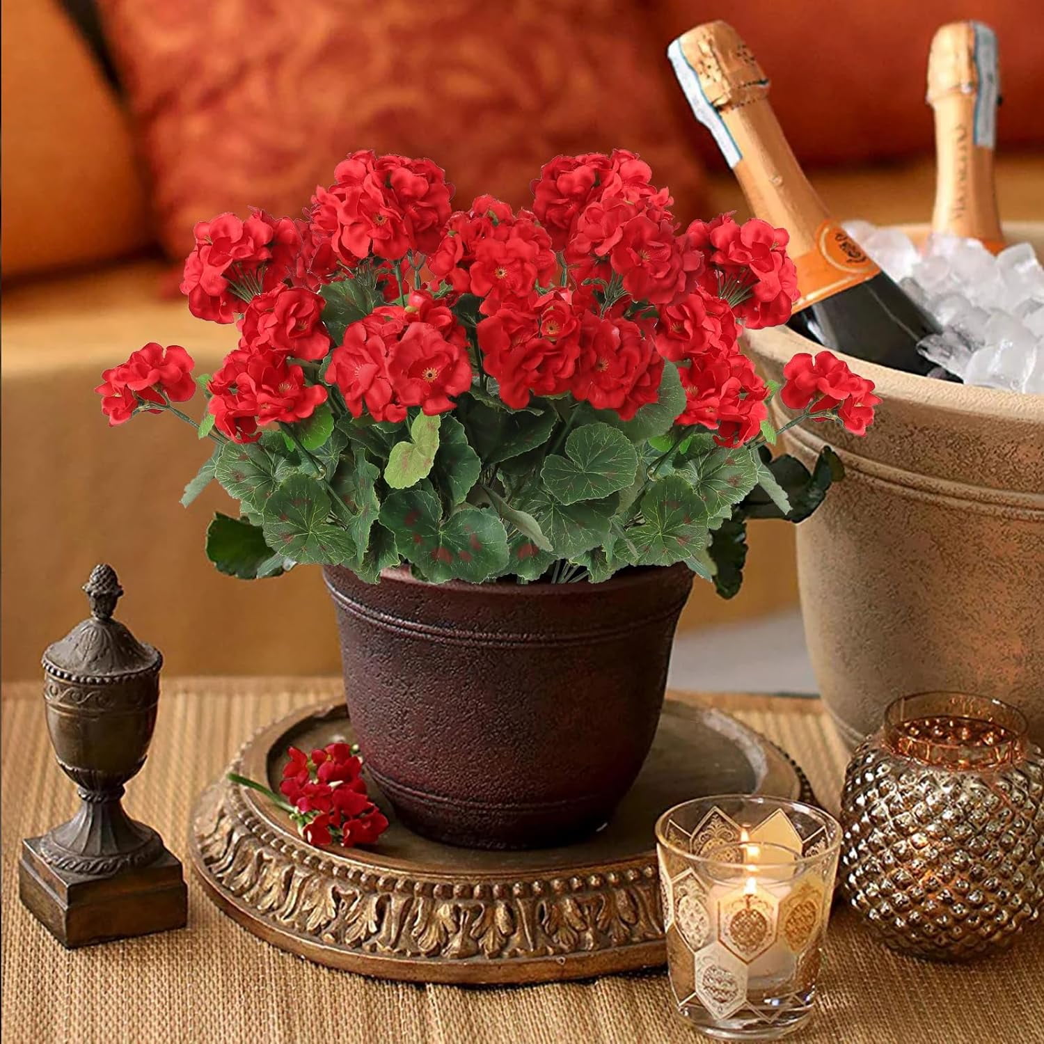 9 Pcs 14'' Artificial Geranium Silk Flower Outdoor UV Resistant Garden Plants Bush Faux Flowers for Home Wedding Kitchen Table Centerpieces Decor (Red)