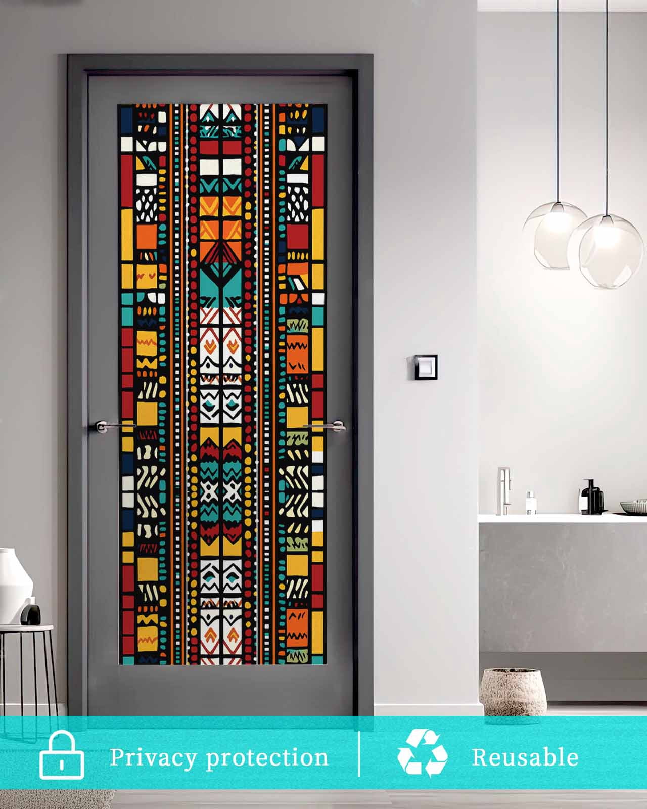 Window Privacy Film Colorful Boho Stained Glass Window Film Decorative Sun Block Window Cover Farmhouse Abstract Geometric Ethnic Art Window Clings Static Adhesive Sticker for Bathroom 23.6"x59"