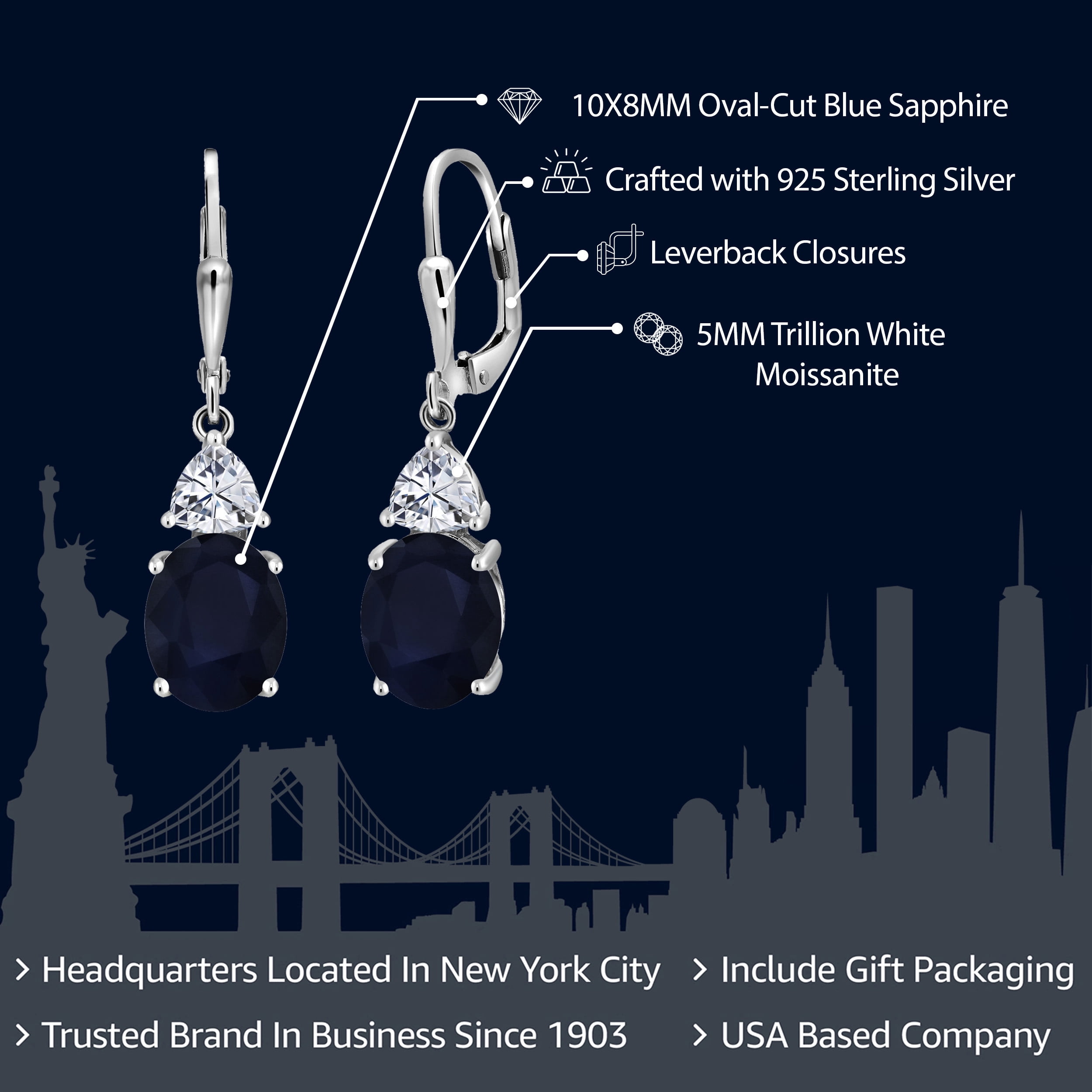 Gem Stone King 925 Sterling Silver Blue Sapphire and White Moissanite Dangle Earrings for Women (6.94 Cttw, Gemstone September Birthstone, Oval 10X8MM, Trillion 5MM)