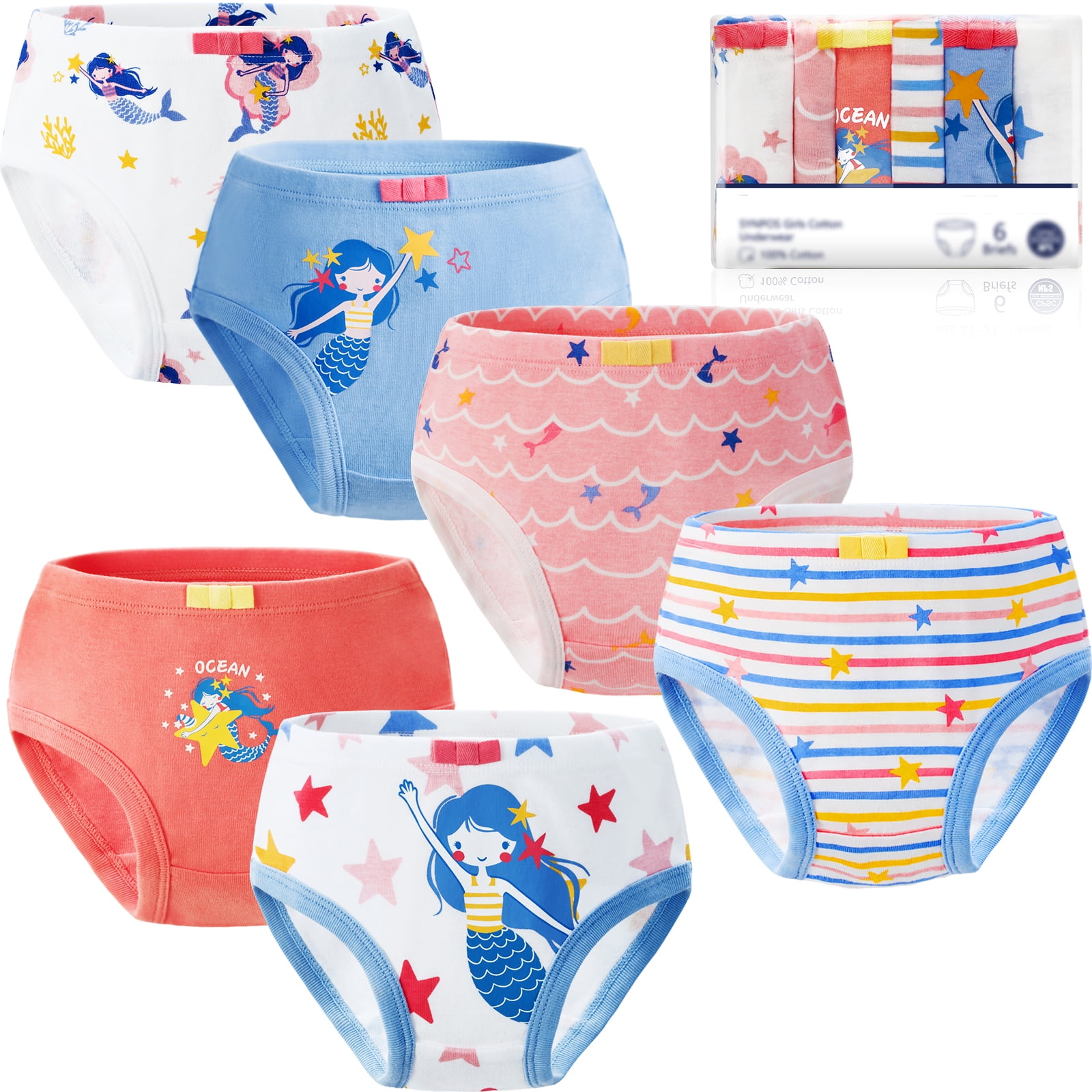 SYNPOS 6 Packs Girls Underwear 100% Cotton Cartoon Briefs Kids Underpants  Panties for Little Girls 6-7 Years - Fairies,Rabbit,Love-heart 