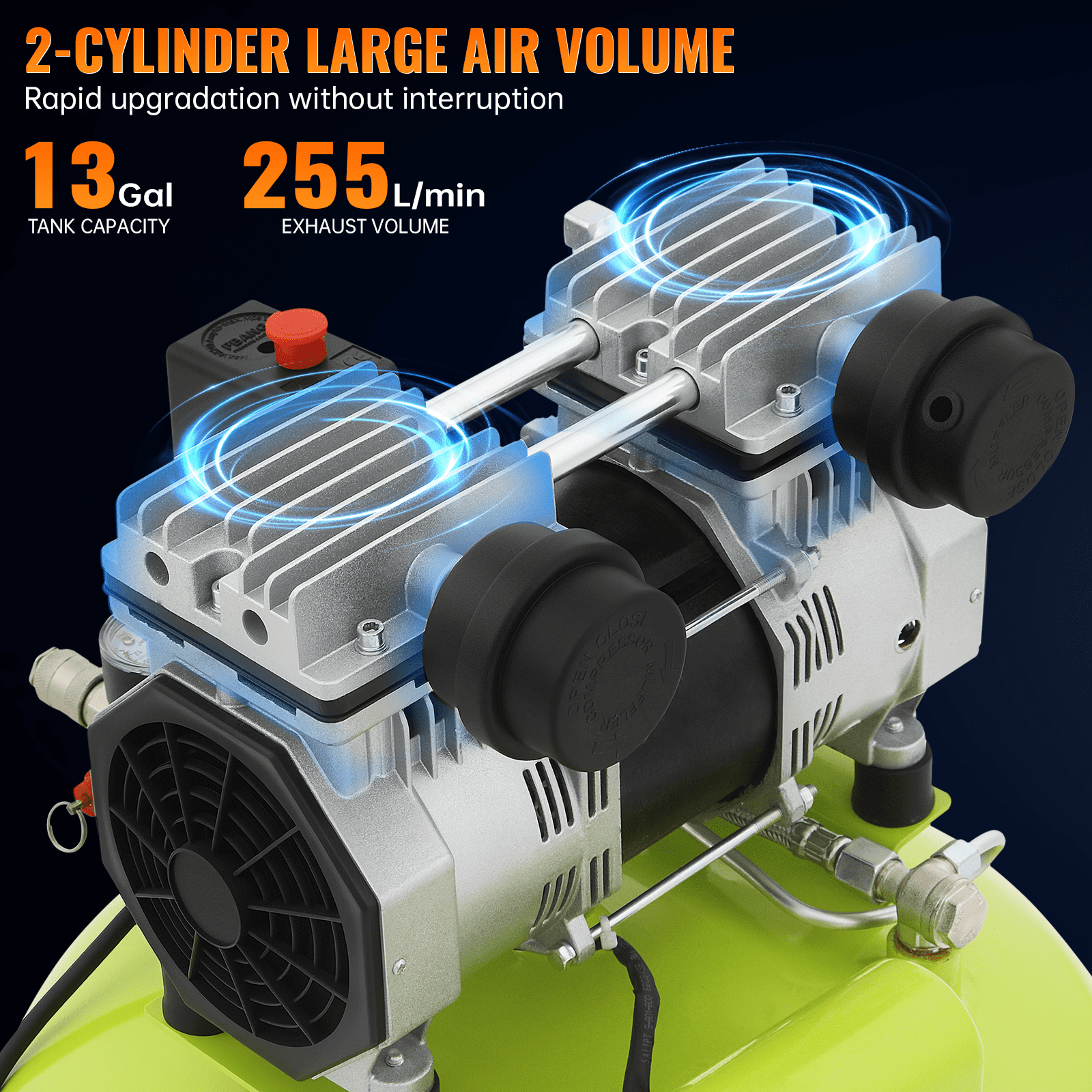 13 Gallon Air Compressor,2HP 4.2SCFM @90PSI Ultra Quiet and Oil-Free Air Compressor,115PSI Max Pressure,75 dBA Noise Level,Oil Free Compressor Tank for Auto Repair, Tire Inflation, Spray Painting
