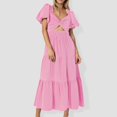thumbnail image 2 of OSOLU Women Solid Color V-Neck Long Sleeve Puff Sleeve Dress Leisure Sundress Wedding Guest Dresses For Women, 2 of 4