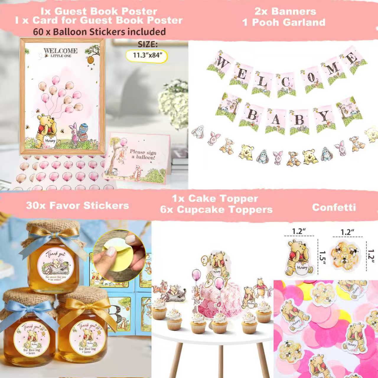 271 Pc Classic Winnie the Pooh Baby Shower Decorations for Girl, Pink Vintage Pooh Bear Balloon Arch Decoration Kit with Backdrop, Banner, Baby Boxes, Sash and Table Decorations