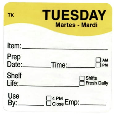Daymark Tuesday Labels ToughMark Yellow/White Day of The Week Labels - 2" Square 500 Per Roll