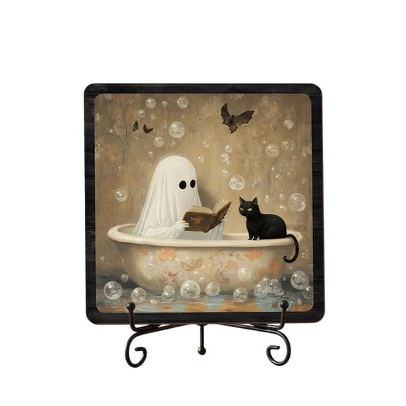 Halloween Bathroom Decor Halloween Gothic Ghost Bathroom Wall Art Decor Outdoor Indoor Spooky Home Decoration Gifts Retro Creepy Dark Romantic Flower Bubbles Cat Wooden Plate Sign(5x5In,A)