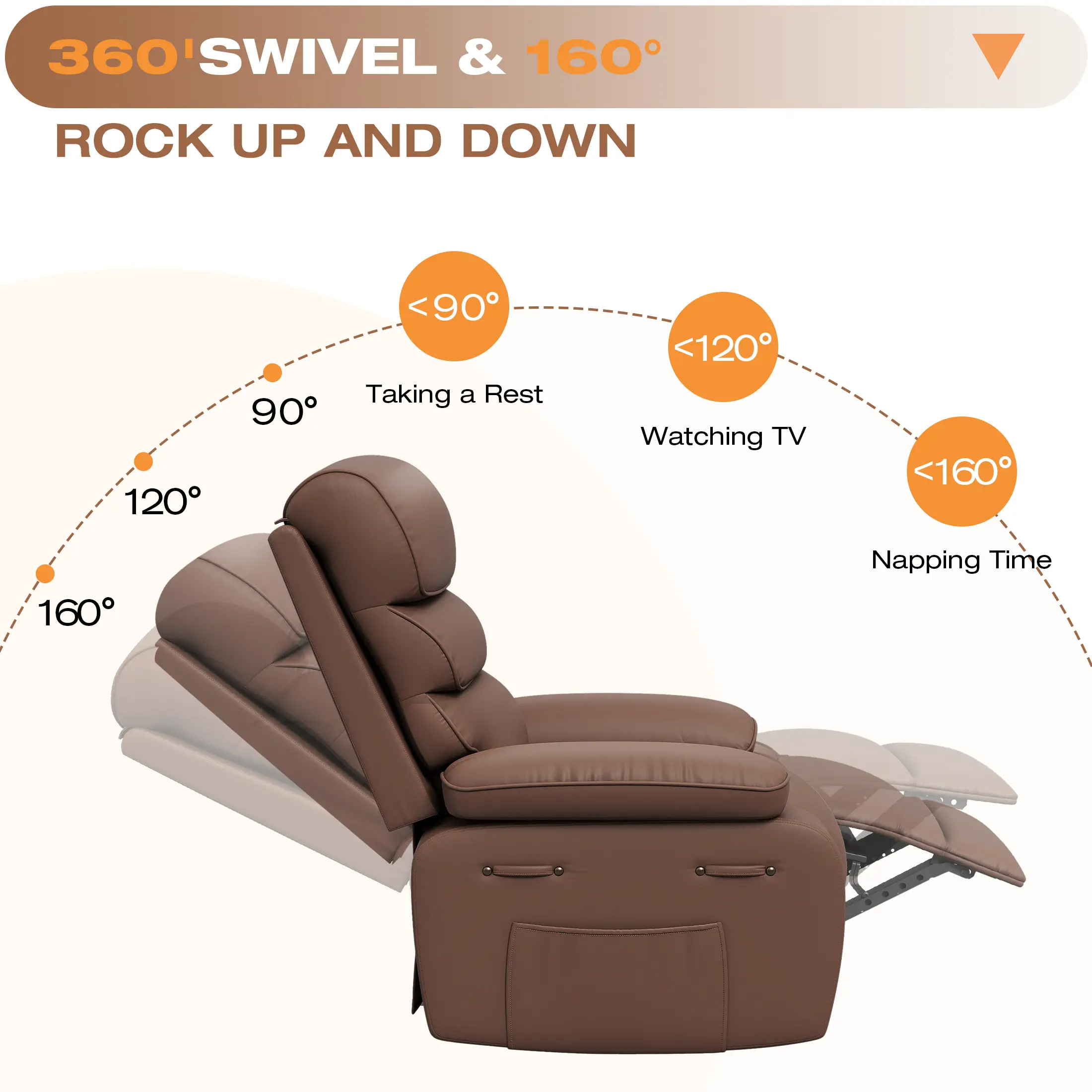 Techmilly Oversized Swivel Rocker  Recliner Chair with Heat and Massage, Adjustable Recline for Living Room,PU Leather (Brown 35" Seat Width)