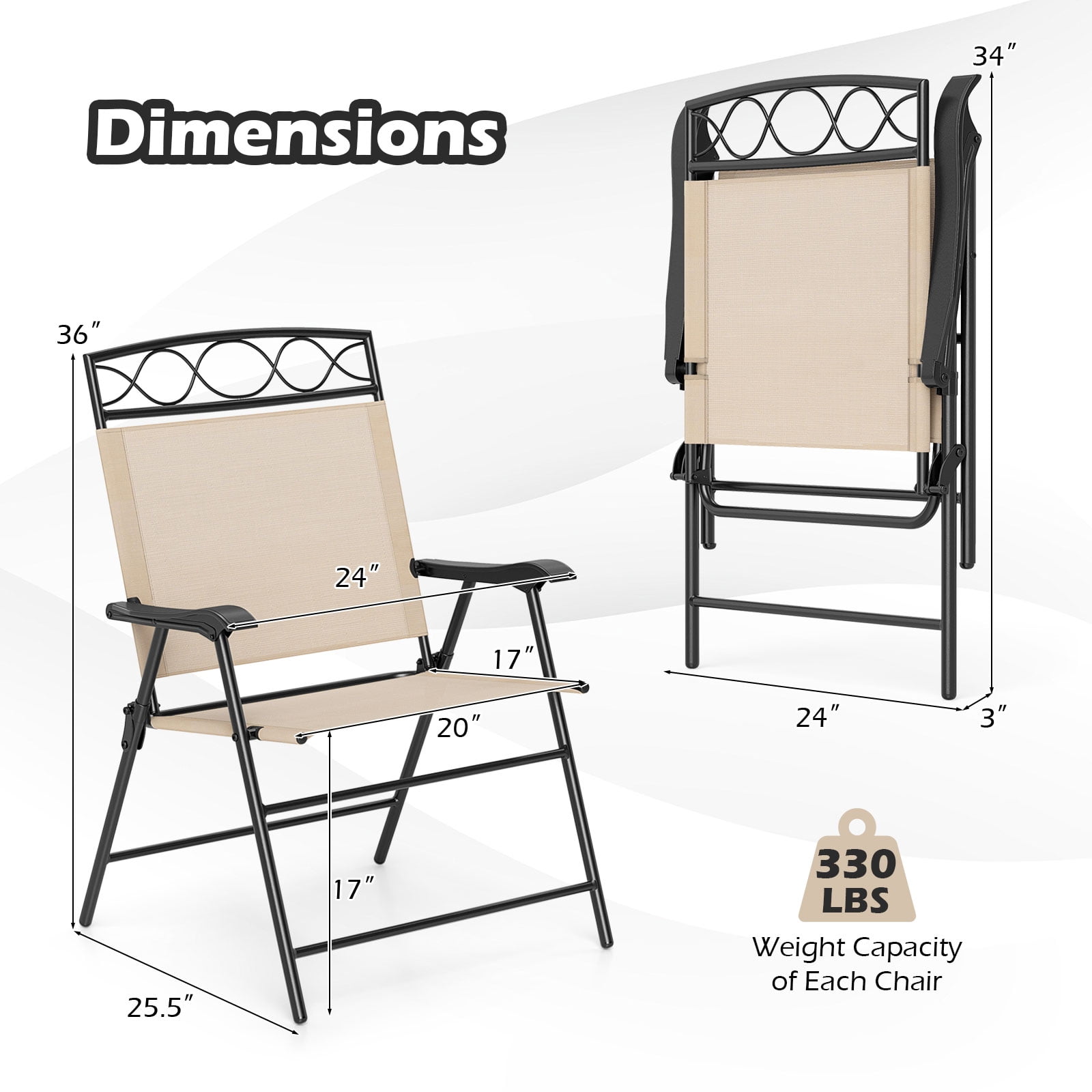 Gymax 4 Pack Patio Folding Chairs w/ Backrests & Armrests Metal Frame Outdoor Beige