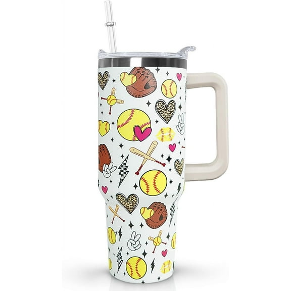 40oz Insulated Tumbler with Handle and Straw Lid - Softball Design Coffee Travel Mug Water Bottle Gift for Women Softball Players