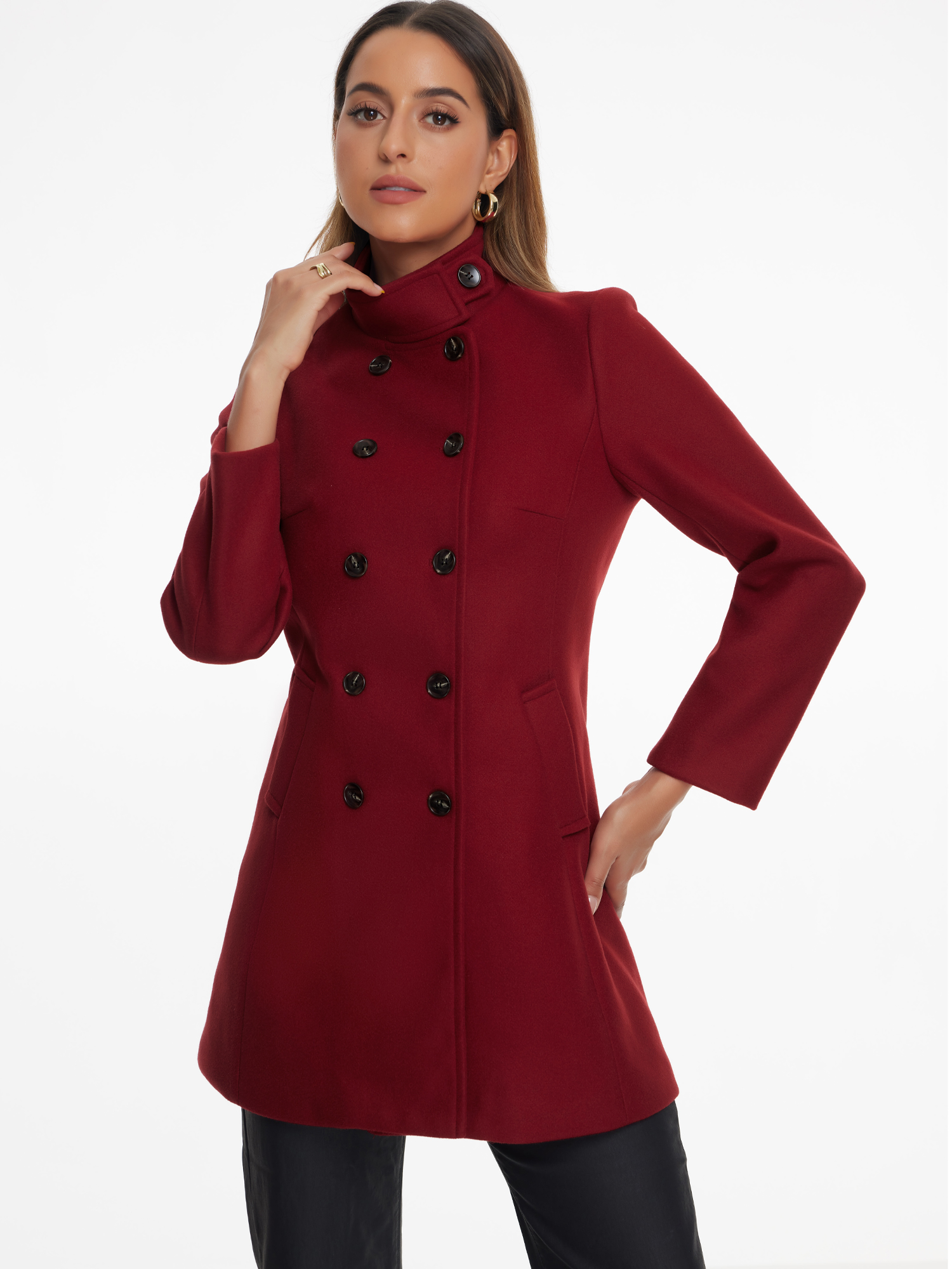 DARING DIVA Women's Winter Trench Casual Stand Collar Pea Double Breasted Overcoat L Burgundy