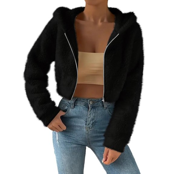 Aellinatey Cropped Fleece Jackets for Women Fashion Zip Up Plush Sherpa Warm Coats Comfy Soft Long Sleeve Fuzzy Hooded Outerwear