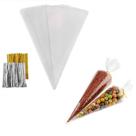 Triangle Shaped Plates CUH 25/50/100PCS Clear Cellophane Cone Shaped Treat Bags Sealed Triangle OPP with Ties for Candy Sweet ()