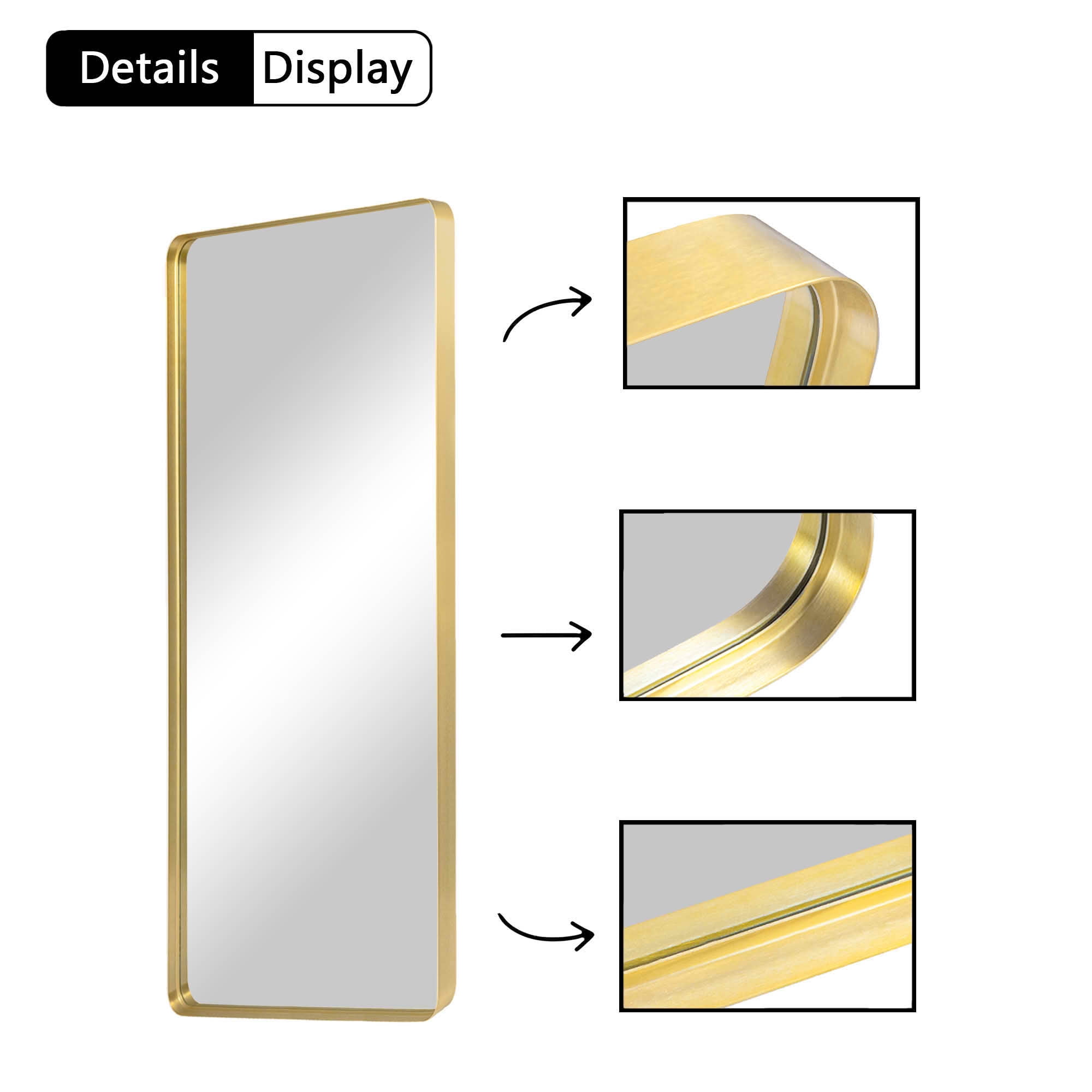 MAYEERTY 64x21x2 Inch Gold Imitation Electroplated Aluminum Round Corner Rectangular Full Length Mirror, Deep, No Stand for Bedroom