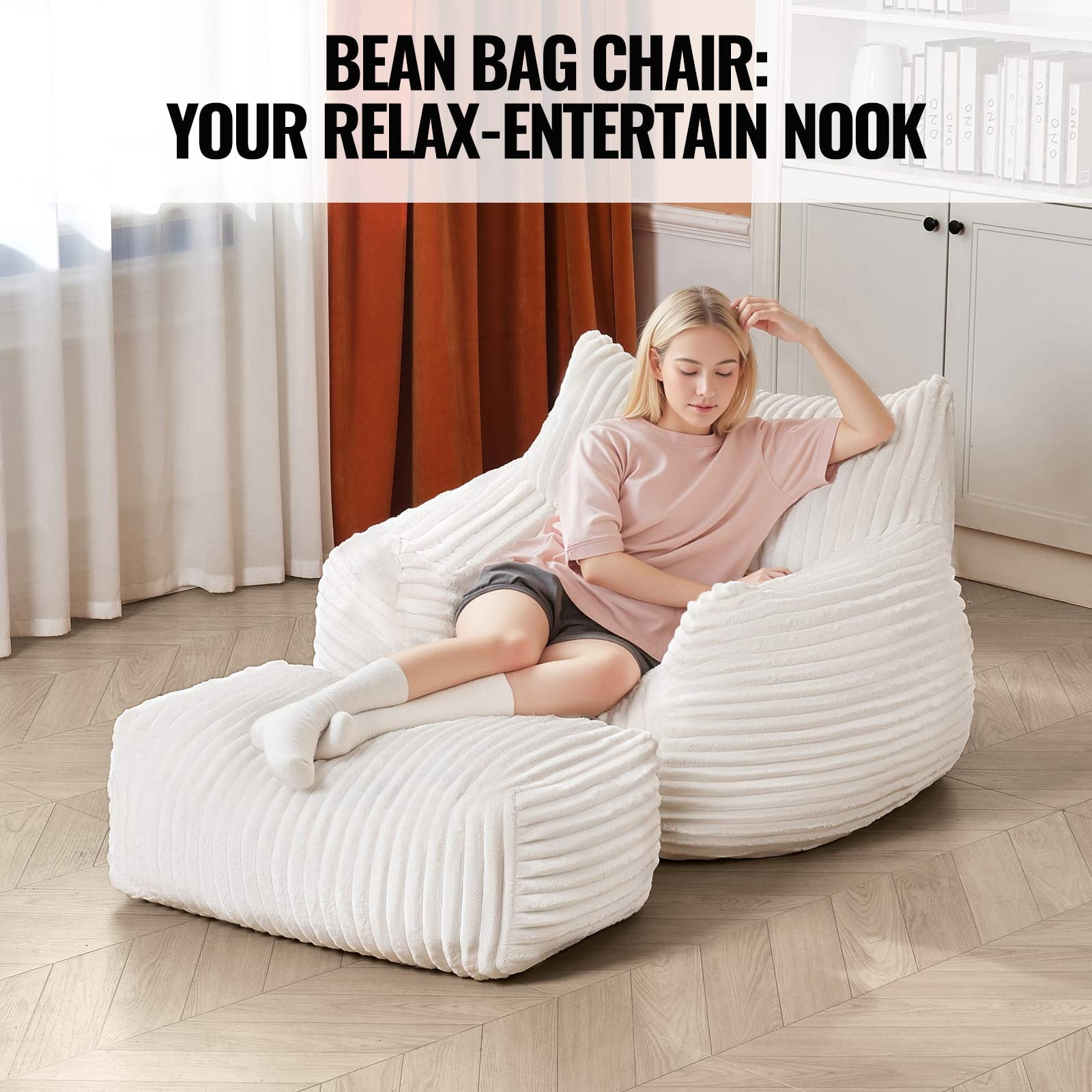 Bean Bag Chair with Ottoman,Big Bean Bag Chairs for Adults with Filling,Lazy Floor Chair with Back Support,Memory Foam Sofa Giant Beanbag Chair for Bedroom Livingroom