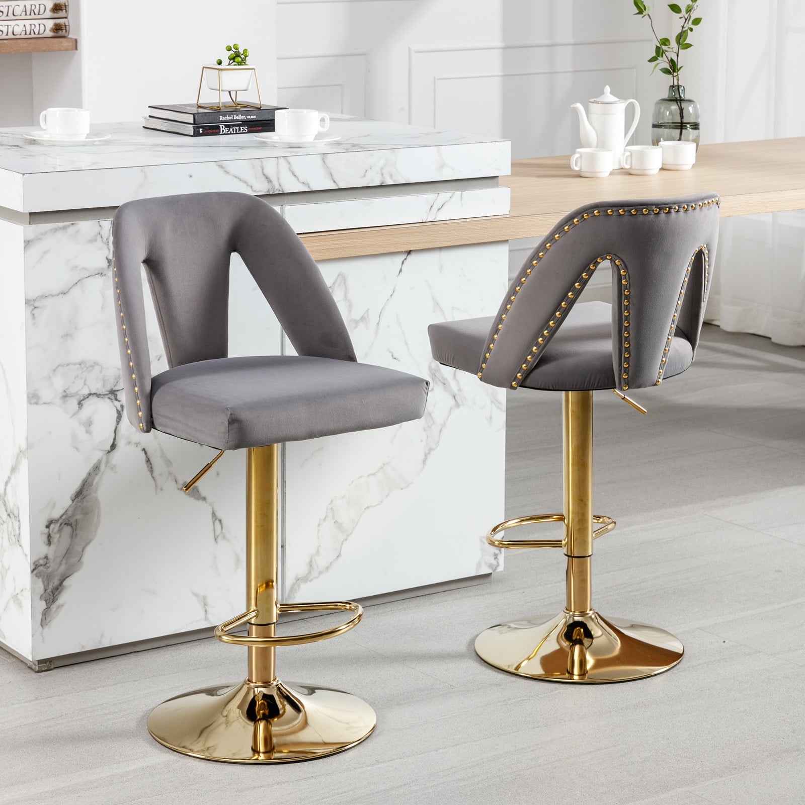 [KEEP IN STOCK] Golden Swivel Velvet Barstools Adjusatble Seat Height