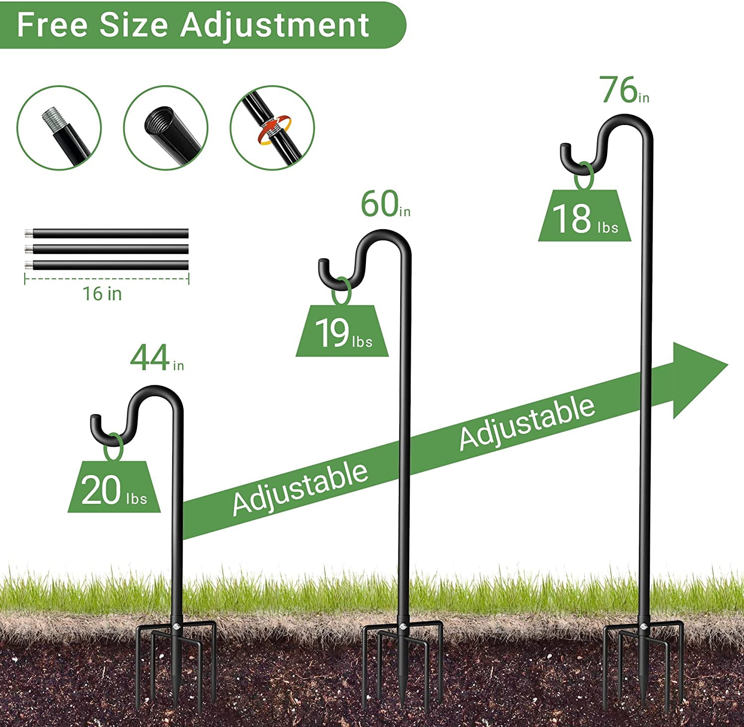 76" Shepherds Hooks for Outdoor, Extra Thick Bird Feeder Pole with 5 Prong Base, Adjustable Shepards Hook for Garden, Weddings, Hanging Plant