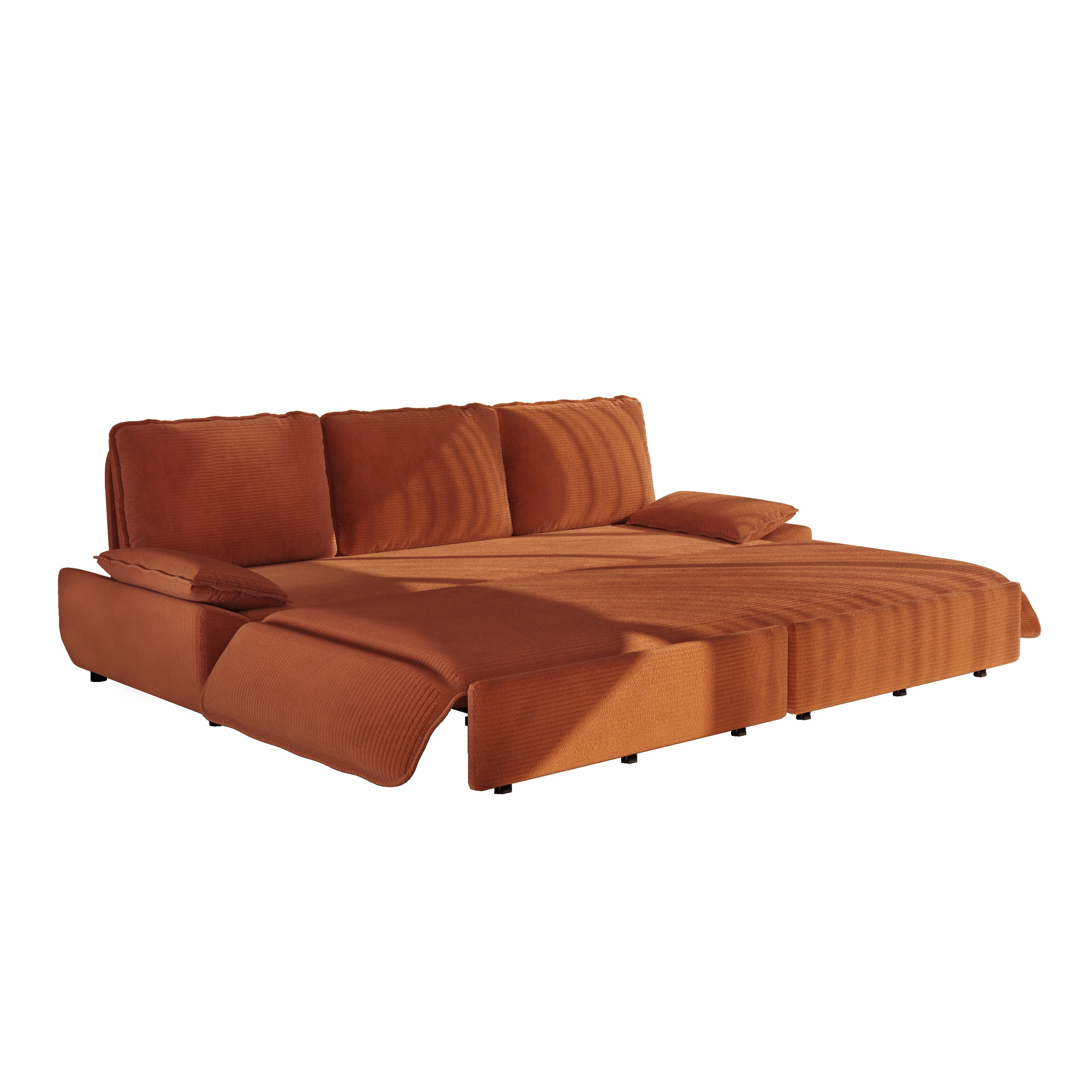 3-in-1 King Size Sleeper Sofa Bed, 94.5" Corduroy Convertible Pull Out Couch with Steel Frame, Modern Folding Lounge Sofa for Living Room, Orange