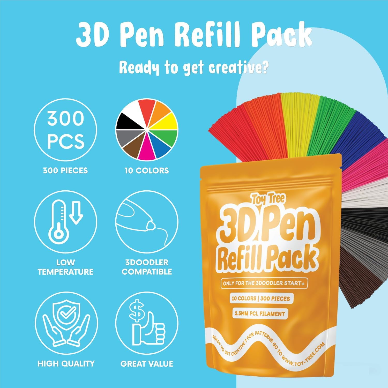 300 Piece 3D Pen Refill Pack | Compatible with The Start+ Only | 10 Vibrant Colors of Safe Low Temperature PCL Filament 2.5mm Thick | Not Compatible with Other 3D Pens