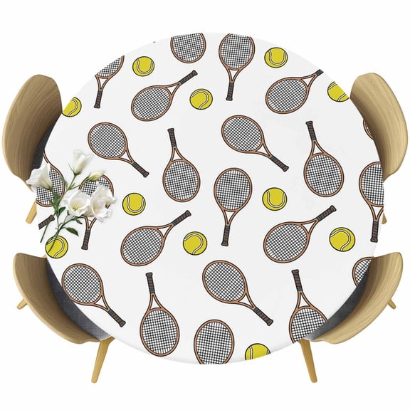Tennis Sport Round Tablecloth 36-44 Inch Round Fitted Table Cloth with Elastic Edge, Cartoon Classic Tennis Pattern Waterproof Table Cover Protector for Outdoor Picnic Party Dining
