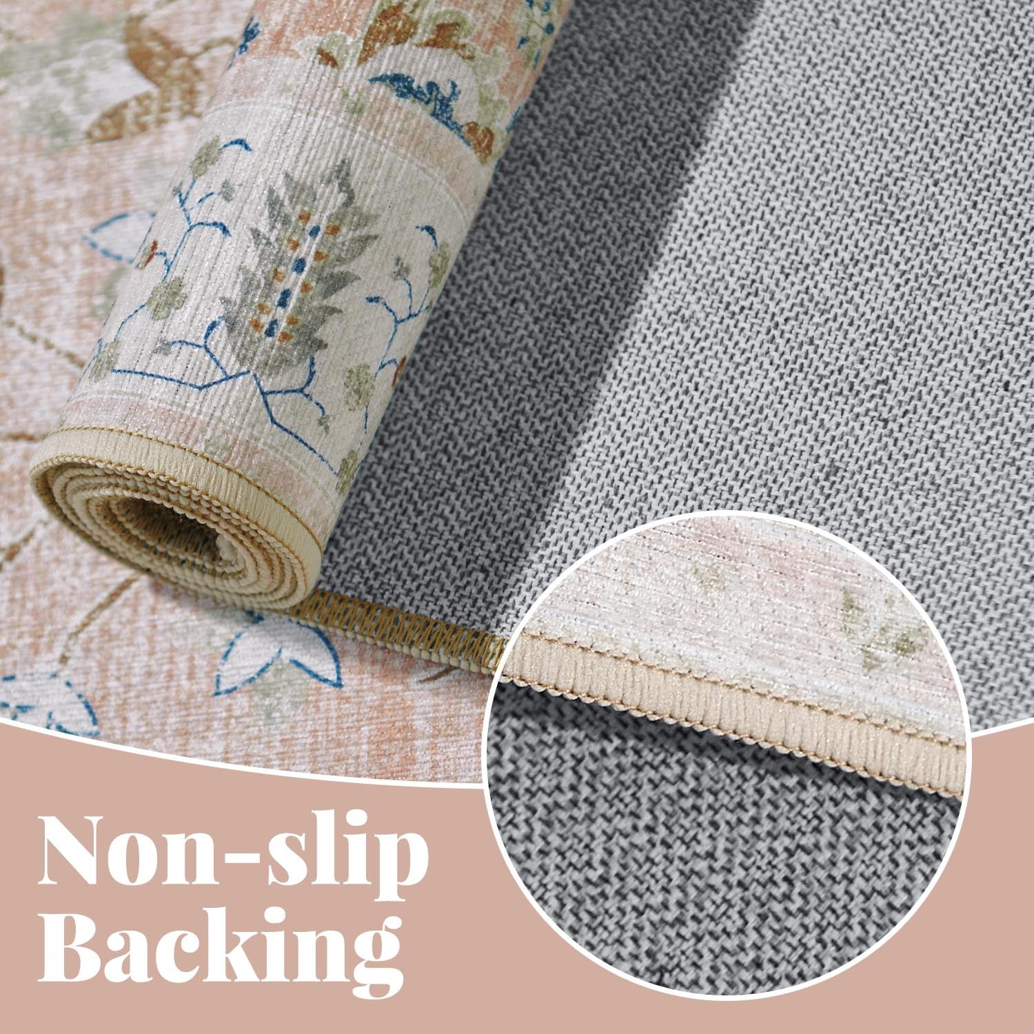 RUGKING Rugs for Living Room 6'x9' Floral Printed Pink Indoor Washable Accent Rug with non-slip backing Vintage Chenille Mat for Bedroom Dining Room