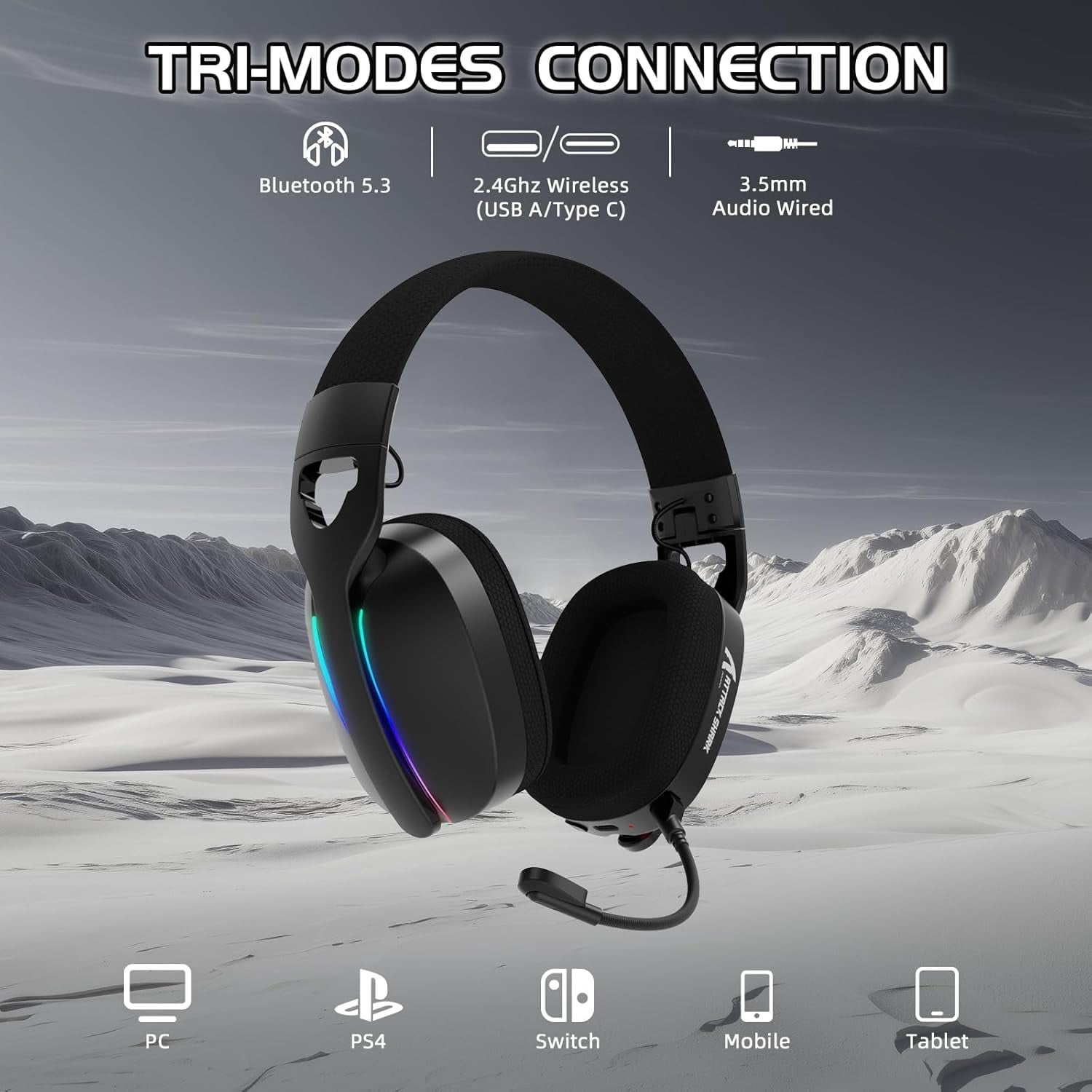 ATTACK SHARK L90 Ultralight RGB Wireless Gaming Headset with Plug-in Microphone,Bluetooth 5.3 & 2.4G Wireless & Wired Headphone, 7.1 Surround Sound for Xbox One Series, PS4,PS5 & PC (Black)
