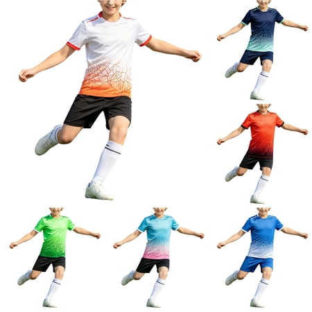 Rggeeun Boys Child Outfit Sets Gradient Style Ringer Short Sleeve Crew Neck Breathable Top & Elastic Waist Shorts for Summer Beach Lounging Lovely Wear White 15-16 Years
