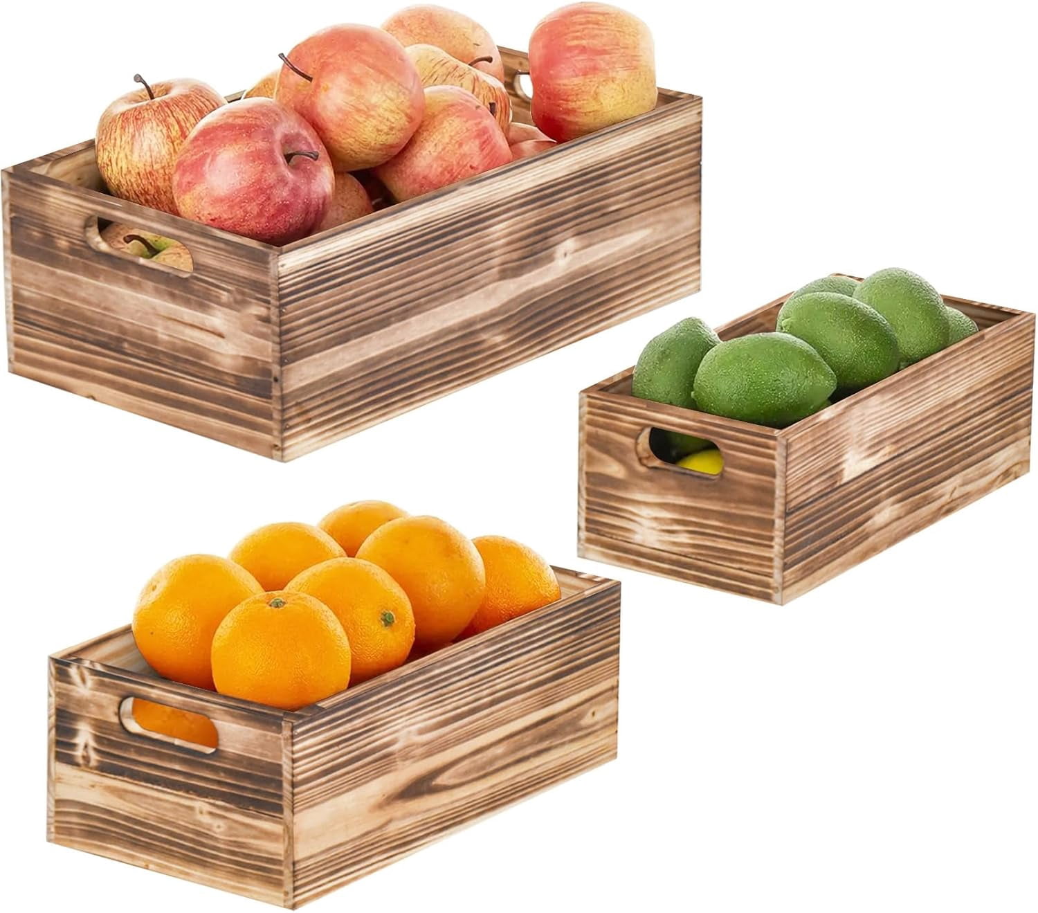 MODE HOME Wooden Storage Crates, Set of 3 Nesting Wood Boxes for Display and Organizing, Farmhouse Decorative Storage Bins for Crafts, Pantry & Living Room