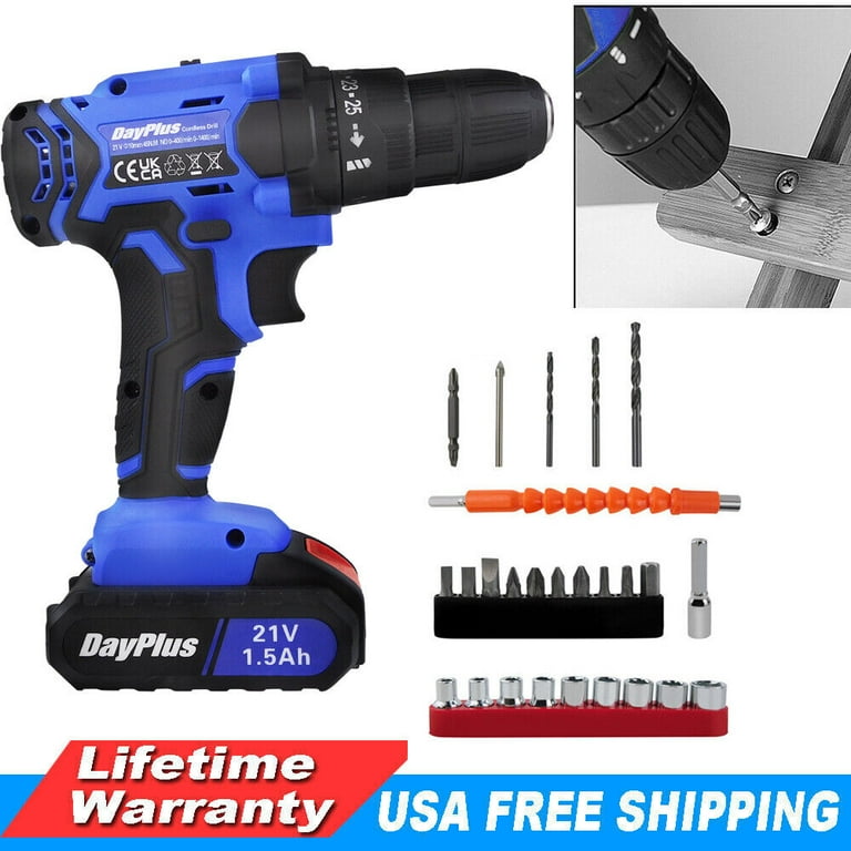 DayPlus Cordless Drill Set Screwdriver W Battery 21V 45N.m Impact Power Tool Fast Charger 18 1 Torque Setting w Quick Release Drill Chuck