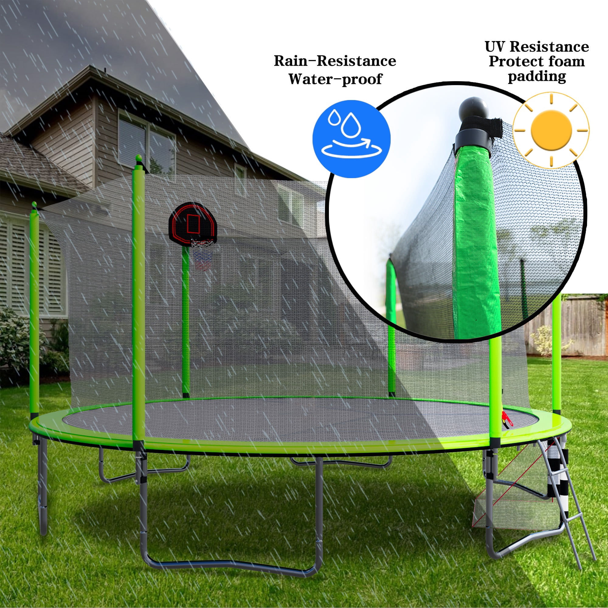 16FT Trampoline with Soccer Goal, SEGMART Recreational Trampoline with Basketball Hoop and Ladder, Heavy Duty Outdoor Backyard Trampoline with Net for Kids and Adults, Green