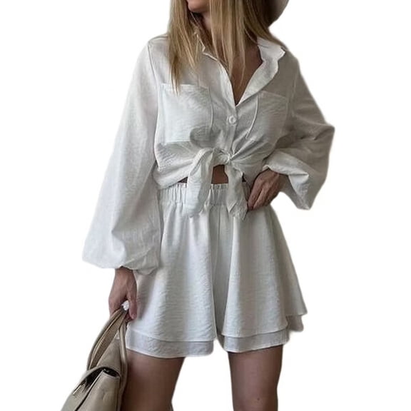 2 Piece Sets for Women Matching Two Piece Fashion Oversized Shirts and Shorts Spring Outfit White M