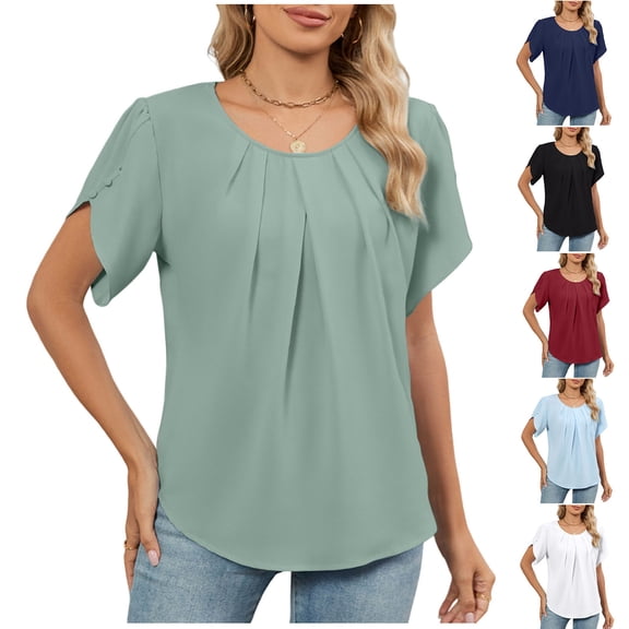 Ashirexll Short Sleeve Shirts for Women, Casual Solid Color Summer Round Neck Short Sleeve Blouse