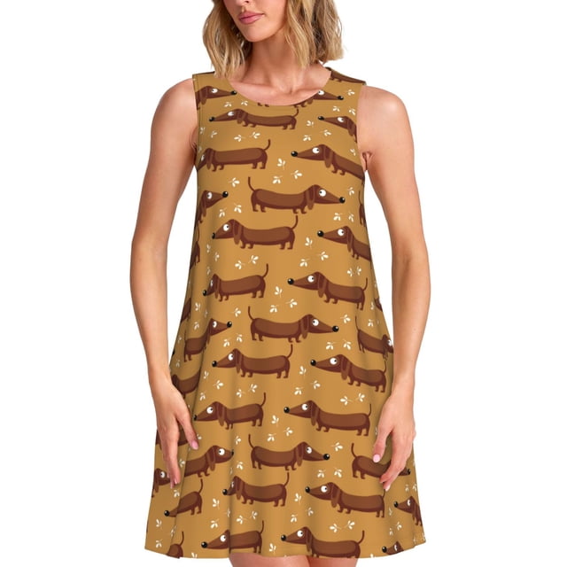 Lukts Teckel Chiot pour Femmes Robe Sans Manches, Robe d'Été à Col Rond avec Poches, Adaptée à la Vie Quotidienne, Plage, Fête